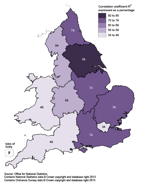 Map 1 - Under 18 conception rate and unemployment rate correlation values by region/country, England and Wales, 2008–10