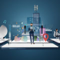 Businessman in suit, characters working in virtual office with smart data platform